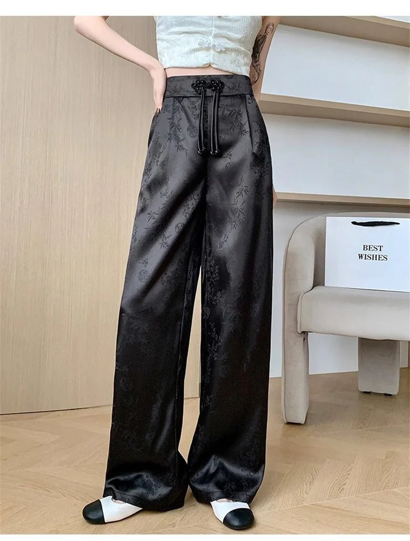 Female High Waist Straight Leg Jacquard Pant Spring Summer Women Chinese Style Hollow Out Satin Floor Mopping Wide Leg Trousers