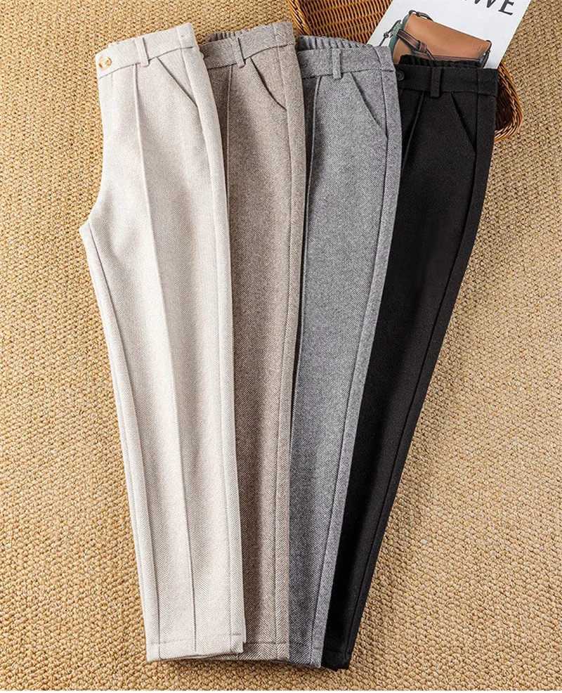 Autumn Women's Woolen Pants 2026 New High Waist Elastic Velvet Thicke Casual Harem Pants Winter Outer Wear Warm Women Trousers