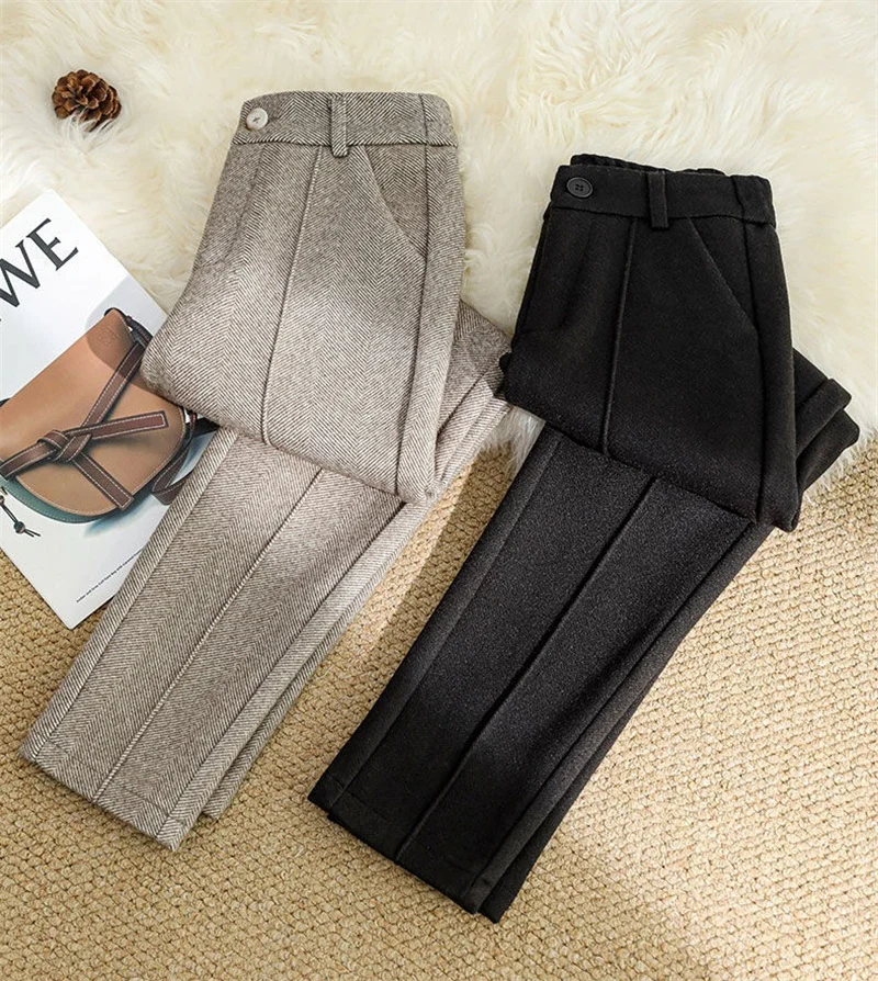Autumn Women's Woolen Pants 2026 New High Waist Elastic Velvet Thicke Casual Harem Pants Winter Outer Wear Warm Women Trousers