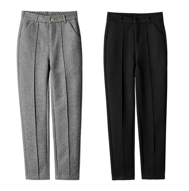 Autumn Women's Woolen Pants 2026 New High Waist Elastic Velvet Thicke Casual Harem Pants Winter Outer Wear Warm Women Trousers