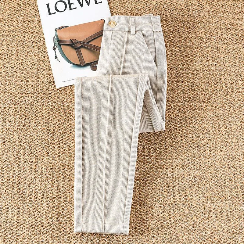Autumn Women's Woolen Pants 2026 New High Waist Elastic Velvet Thicke Casual Harem Pants Winter Outer Wear Warm Women Trousers