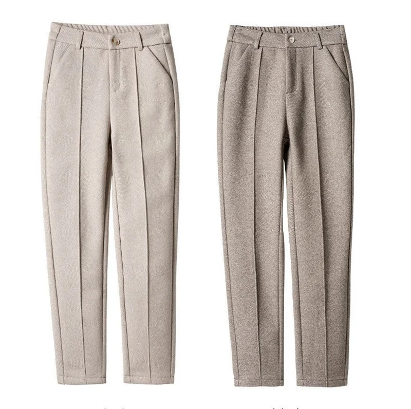 Autumn Women's Woolen Pants 2026 New High Waist Elastic Velvet Thicke Casual Harem Pants Winter Outer Wear Warm Women Trousers