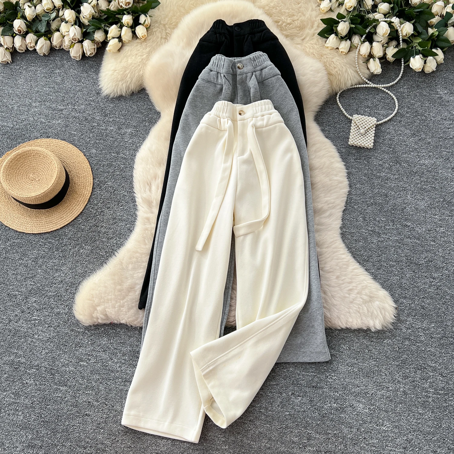 SINGREINY Simple Casual Long Pants Female High Waist Drawstring Pockets Chic Straight Pants Trendy Sports Wide Legs Trousers