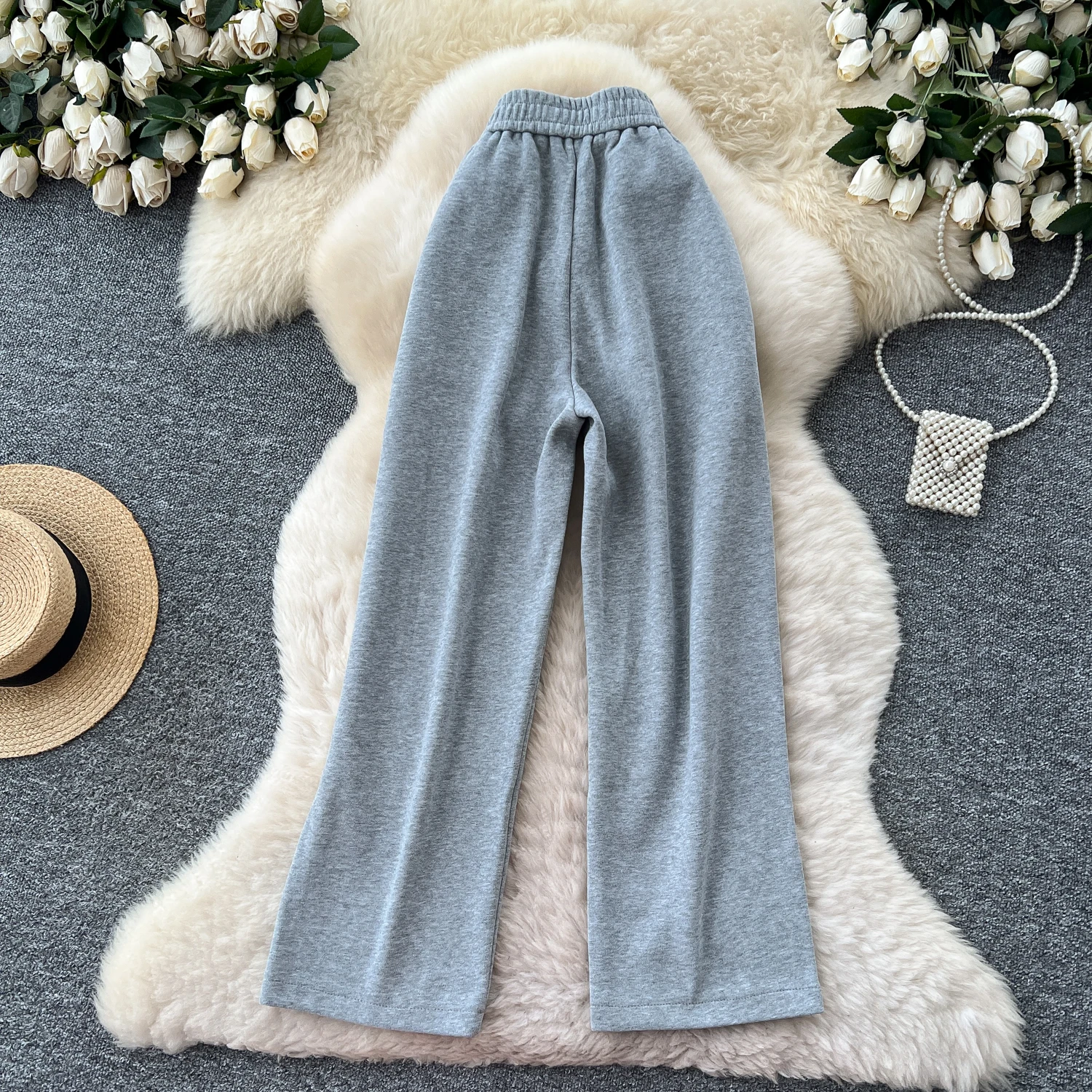 SINGREINY Simple Casual Long Pants Female High Waist Drawstring Pockets Chic Straight Pants Trendy Sports Wide Legs Trousers
