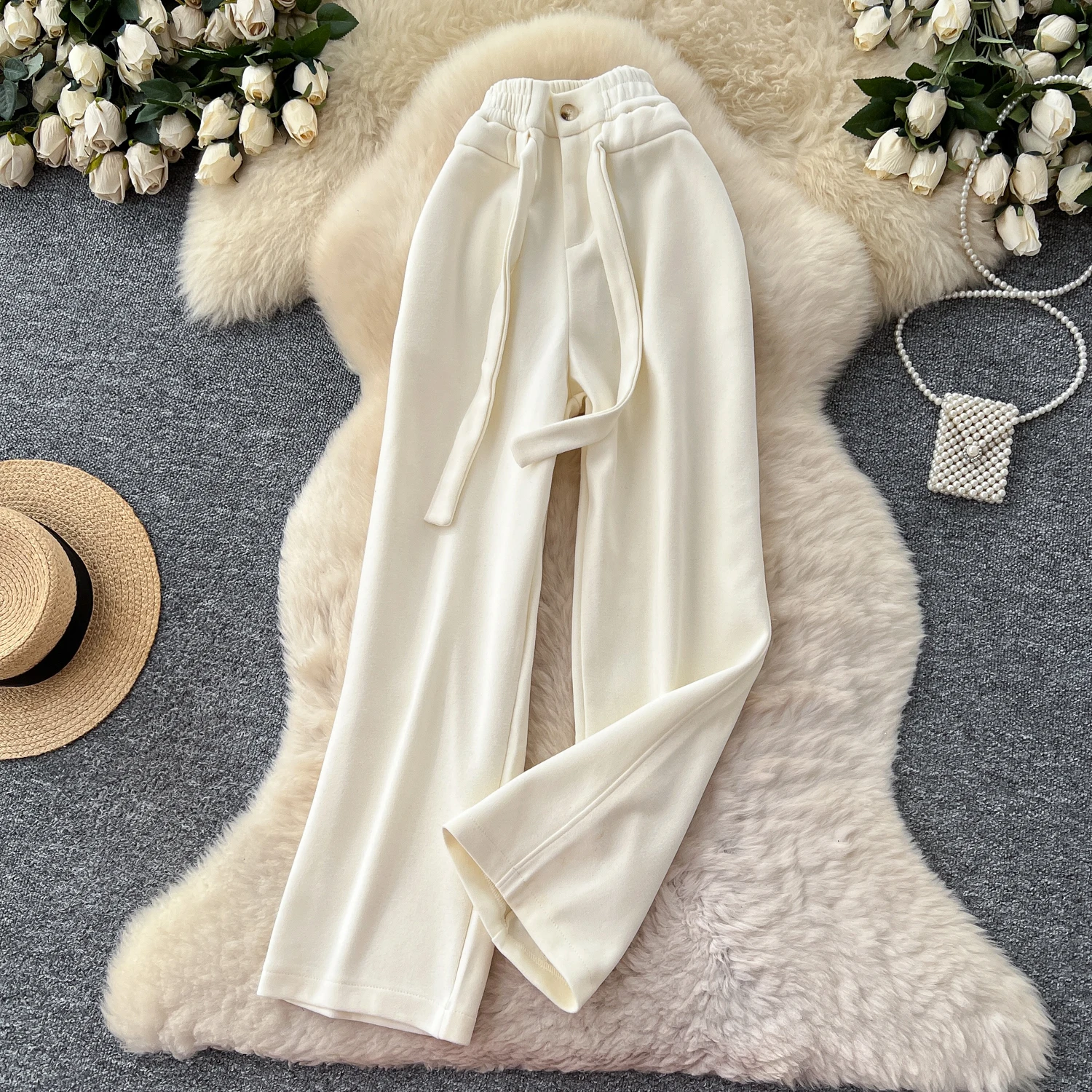 SINGREINY Simple Casual Long Pants Female High Waist Drawstring Pockets Chic Straight Pants Trendy Sports Wide Legs Trousers