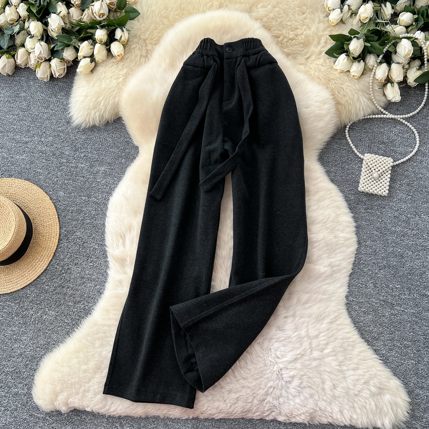 SINGREINY Simple Casual Long Pants Female High Waist Drawstring Pockets Chic Straight Pants Trendy Sports Wide Legs Trousers