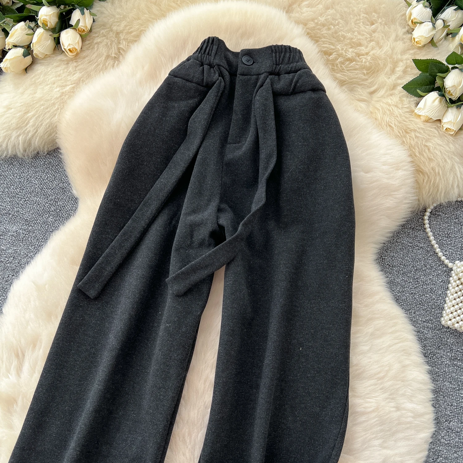 SINGREINY Simple Casual Long Pants Female High Waist Drawstring Pockets Chic Straight Pants Trendy Sports Wide Legs Trousers