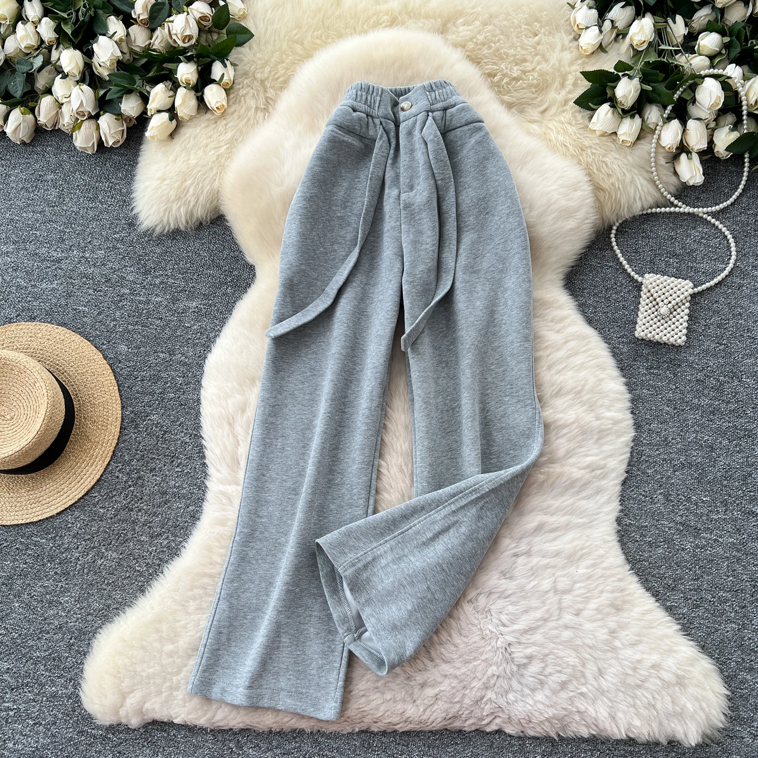 SINGREINY Simple Casual Long Pants Female High Waist Drawstring Pockets Chic Straight Pants Trendy Sports Wide Legs Trousers