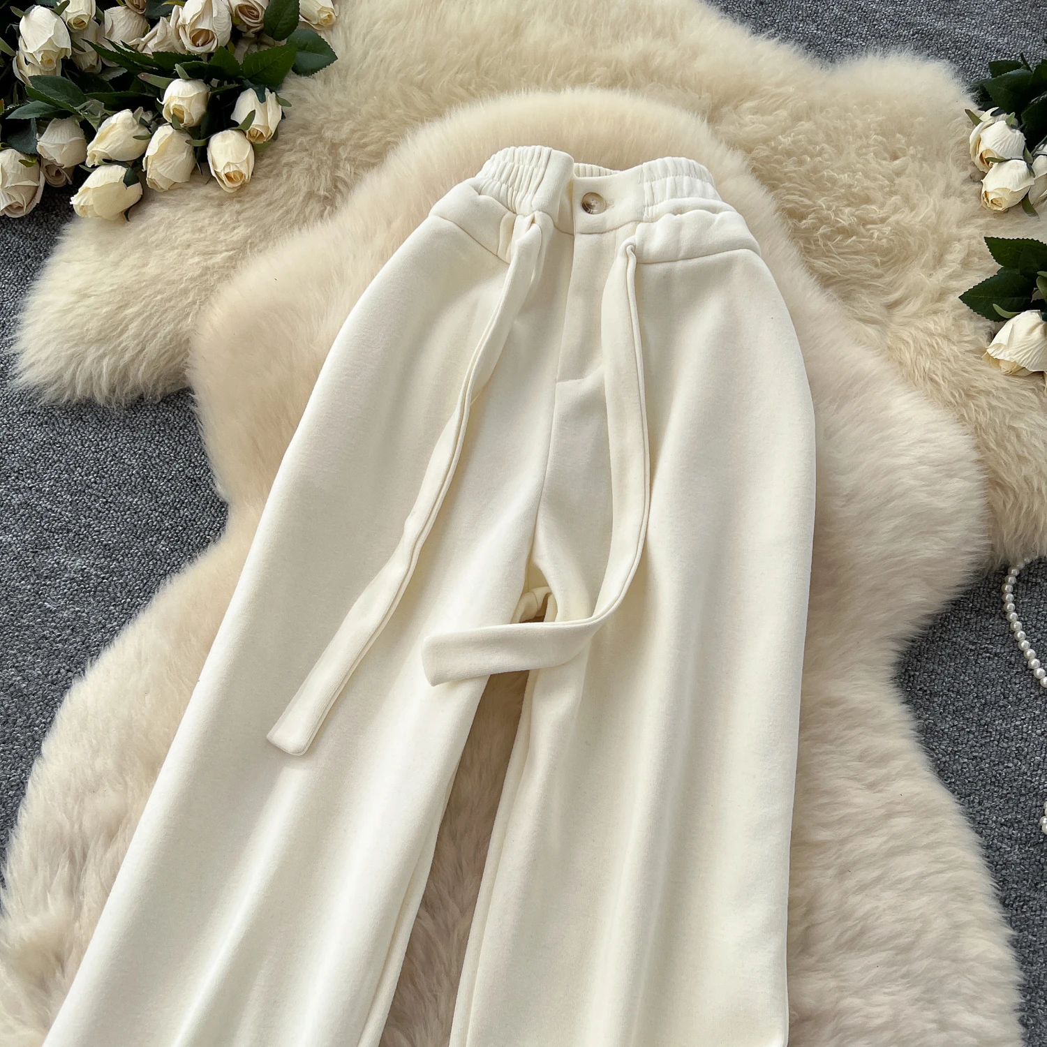 SINGREINY Simple Casual Long Pants Female High Waist Drawstring Pockets Chic Straight Pants Trendy Sports Wide Legs Trousers