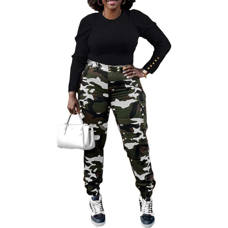CM.YAYA Women’s Camouflage Printed Slim Cargo Pants 2024 Spring/Summer Pocket Jogger Street Fashion Safari Trousers