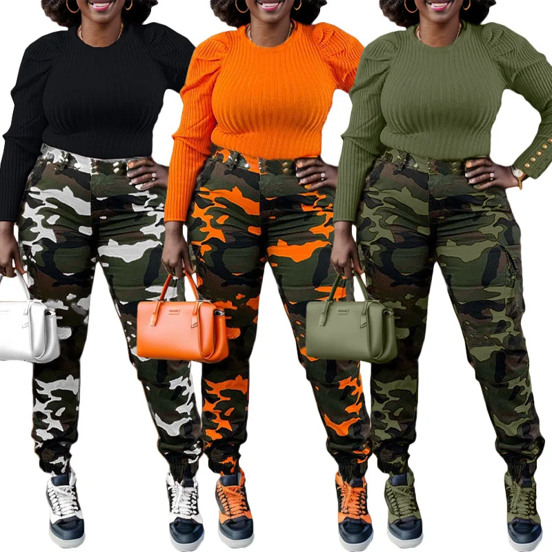 CM.YAYA Women’s Camouflage Printed Slim Cargo Pants 2024 Spring/Summer Pocket Jogger Street Fashion Safari Trousers
