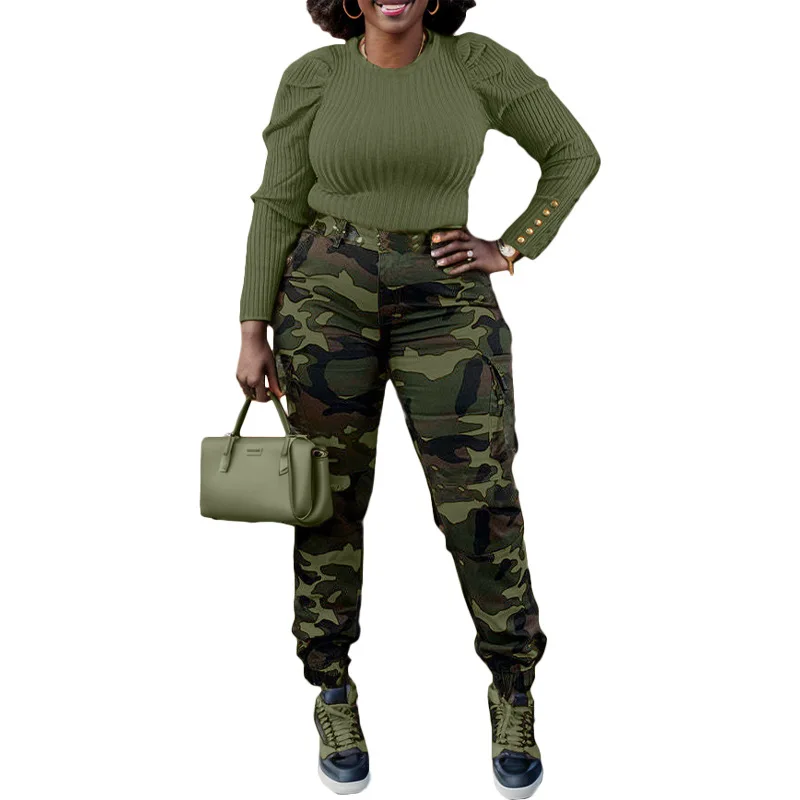 CM.YAYA Women’s Camouflage Printed Slim Cargo Pants 2024 Spring/Summer Pocket Jogger Street Fashion Safari Trousers