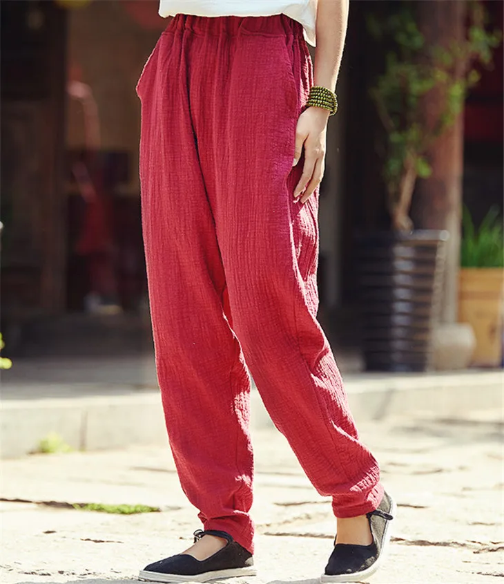 Plus Size Cotton Linen Harem Pants Women Summer Elastic Waist Candy Colors Hip Hop Trousers Autumn Vintage Pants 5XL 6XL