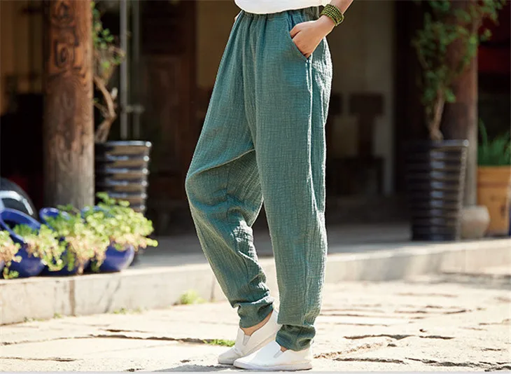 Plus Size Cotton Linen Harem Pants Women Summer Elastic Waist Candy Colors Hip Hop Trousers Autumn Vintage Pants 5XL 6XL