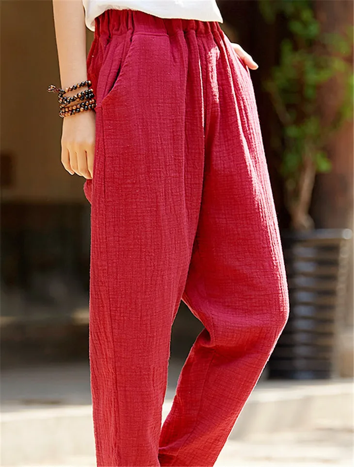 Plus Size Cotton Linen Harem Pants Women Summer Elastic Waist Candy Colors Hip Hop Trousers Autumn Vintage Pants 5XL 6XL