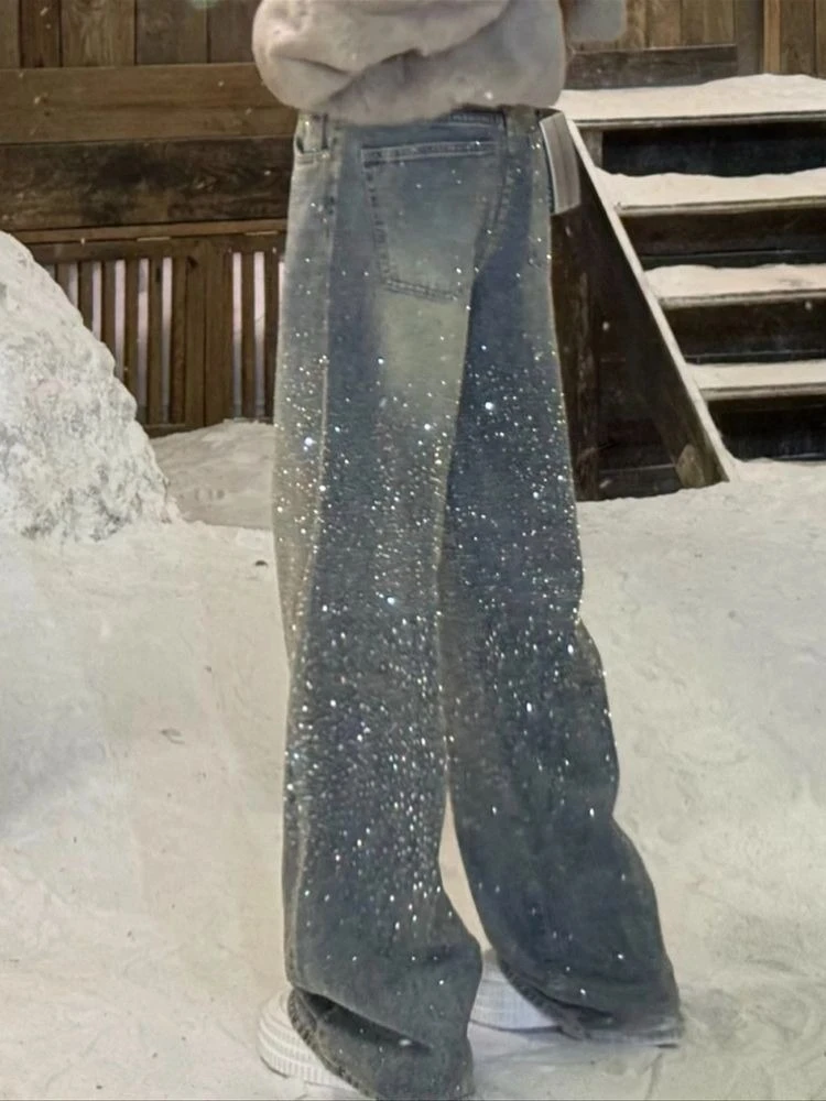2026 Vintage Women Rhinestone Jeans Y2k Aesthetic High Waist Grunge Denim Trousers Harajuku Casual Pants Wide Leg Female Spring