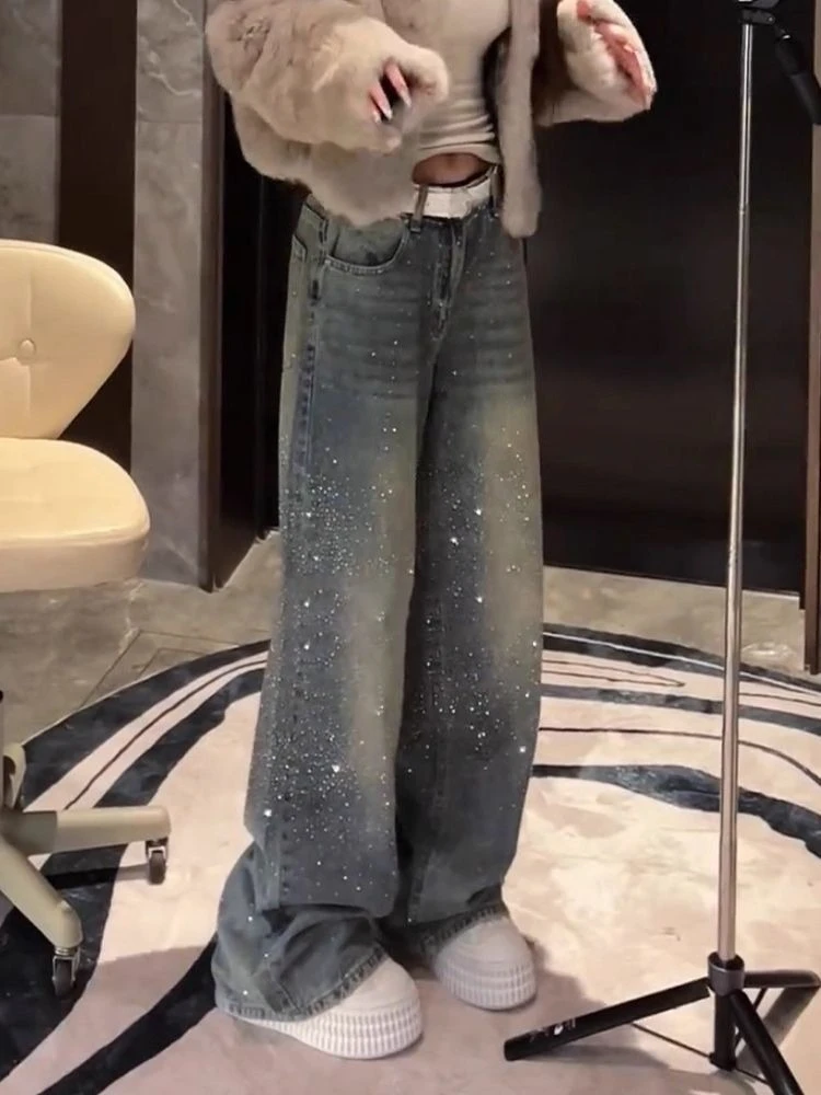 2026 Vintage Women Rhinestone Jeans Y2k Aesthetic High Waist Grunge Denim Trousers Harajuku Casual Pants Wide Leg Female Spring