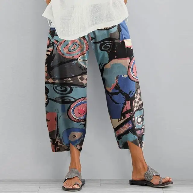Women Harem Pants Vintage Cotton Linen Elastic Waist Wide Leg Trousers Female Casual Solid Pockets Loose Cropped Pants