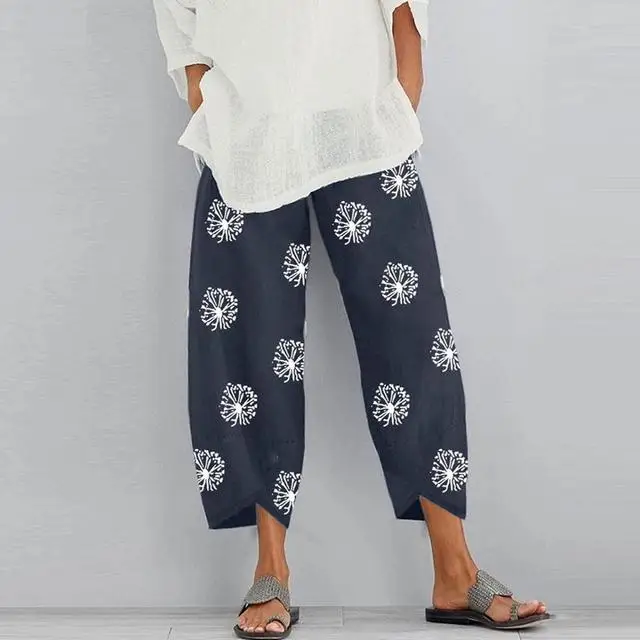 Women Harem Pants Vintage Cotton Linen Elastic Waist Wide Leg Trousers Female Casual Solid Pockets Loose Cropped Pants