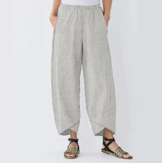 Women Harem Pants Vintage Cotton Linen Elastic Waist Wide Leg Trousers Female Casual Solid Pockets Loose Cropped Pants