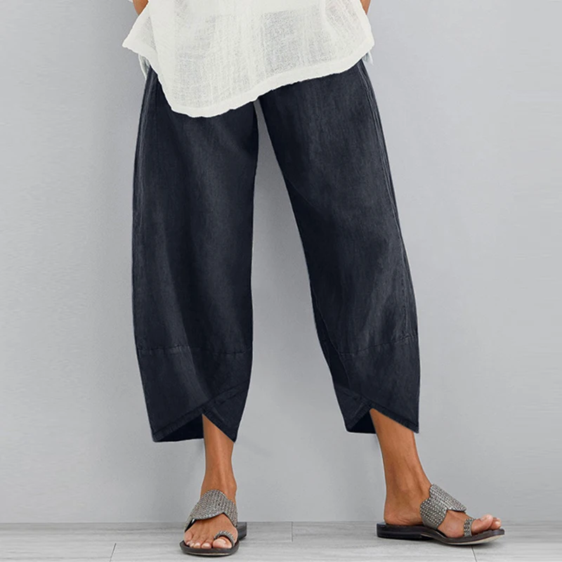 Women Harem Pants Vintage Cotton Linen Elastic Waist Wide Leg Trousers Female Casual Solid Pockets Loose Cropped Pants