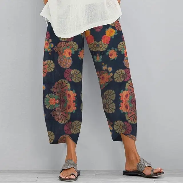 Women Harem Pants Vintage Cotton Linen Elastic Waist Wide Leg Trousers Female Casual Solid Pockets Loose Cropped Pants
