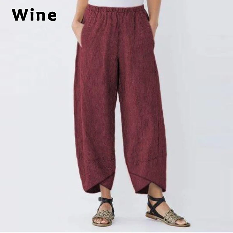 Women Harem Pants Vintage Cotton Linen Elastic Waist Wide Leg Trousers Female Casual Solid Pockets Loose Cropped Pants