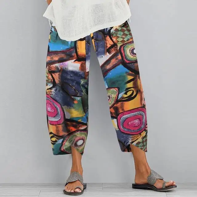 Women Harem Pants Vintage Cotton Linen Elastic Waist Wide Leg Trousers Female Casual Solid Pockets Loose Cropped Pants