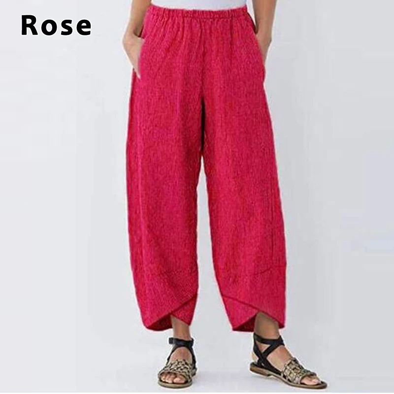 Women Harem Pants Vintage Cotton Linen Elastic Waist Wide Leg Trousers Female Casual Solid Pockets Loose Cropped Pants