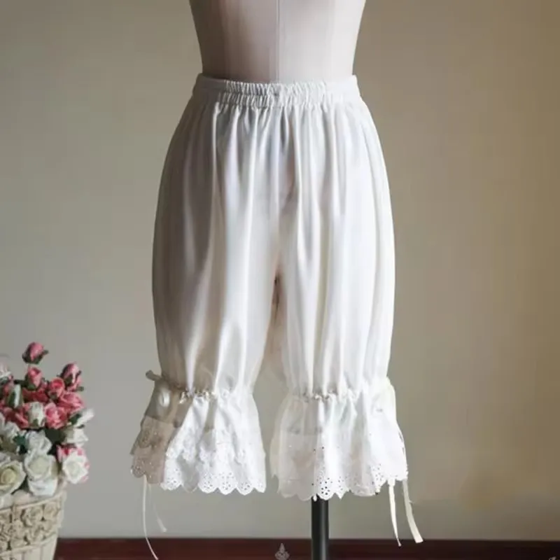 New Women's Lolita Vintage Bloomers Ruffles Lace Hem Bow Lantern Pumpkin Shorts Solid Color Elastic Bubble Safety Under Pants