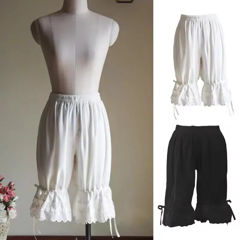 New Women's Lolita Vintage Bloomers Ruffles Lace Hem Bow Lantern Pumpkin Shorts Solid Color Elastic Bubble Safety Under Pants