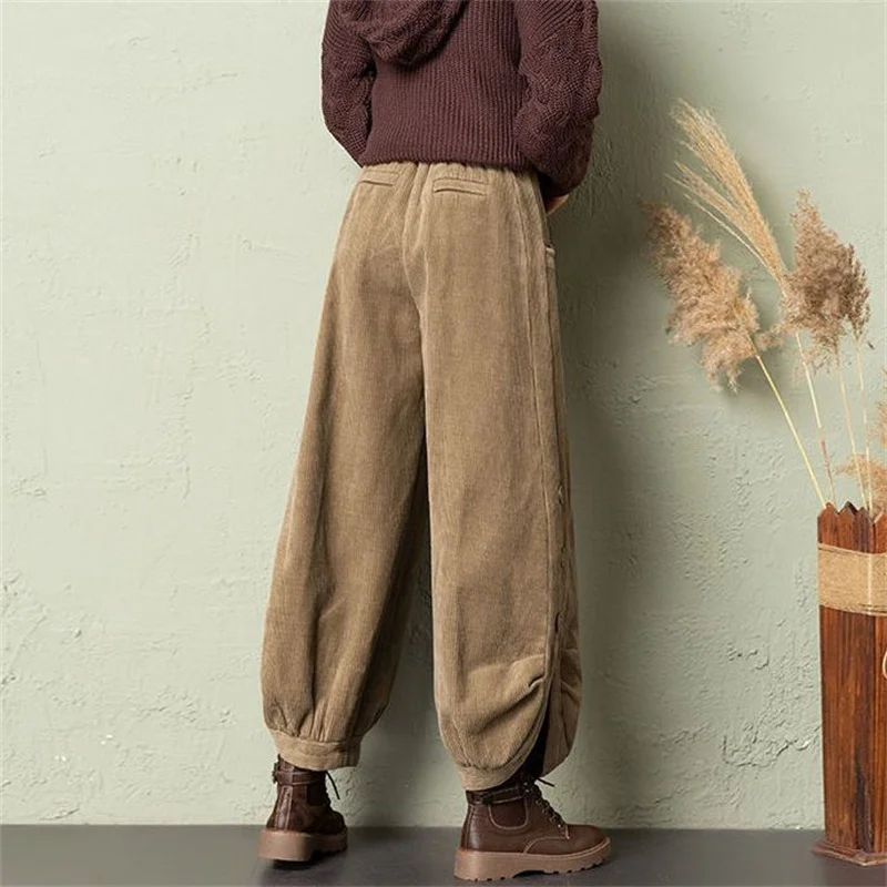 Corduroy Lantern Wide-Leg Pants Women High Waist Trousers 2025 Autumn New Corduroy Loose Pocket Khaki Black Pants Female