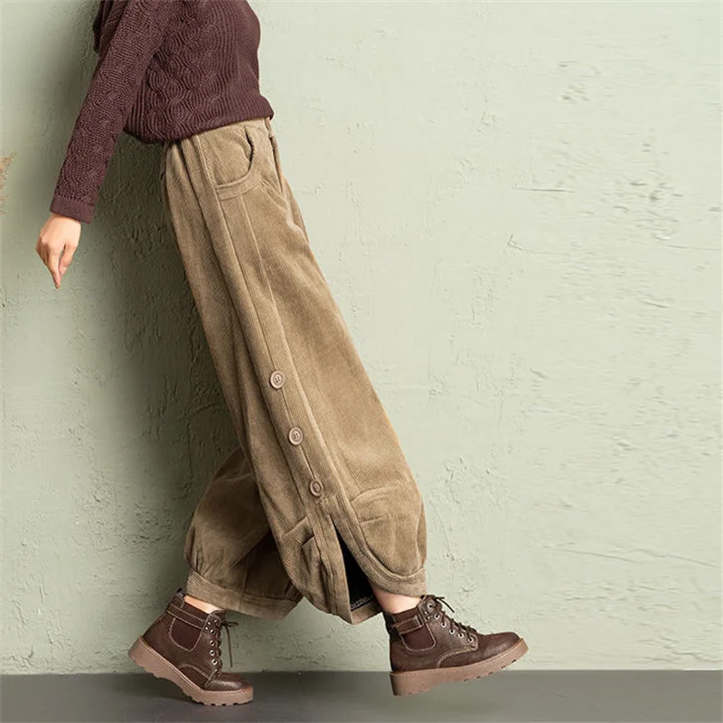 Corduroy Lantern Wide-Leg Pants Women High Waist Trousers 2025 Autumn New Corduroy Loose Pocket Khaki Black Pants Female