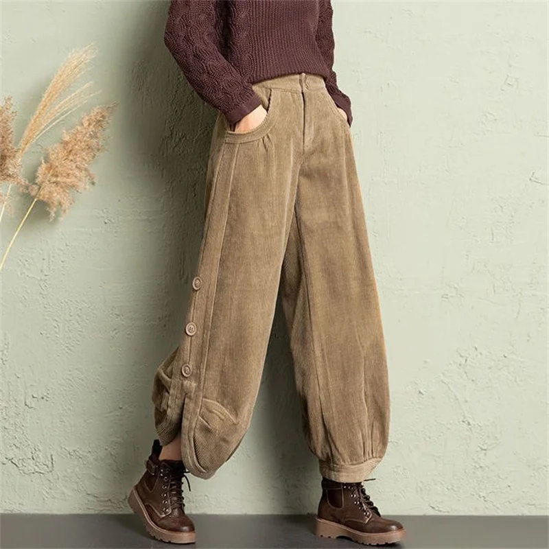 Corduroy Lantern Wide-Leg Pants Women High Waist Trousers 2025 Autumn New Corduroy Loose Pocket Khaki Black Pants Female