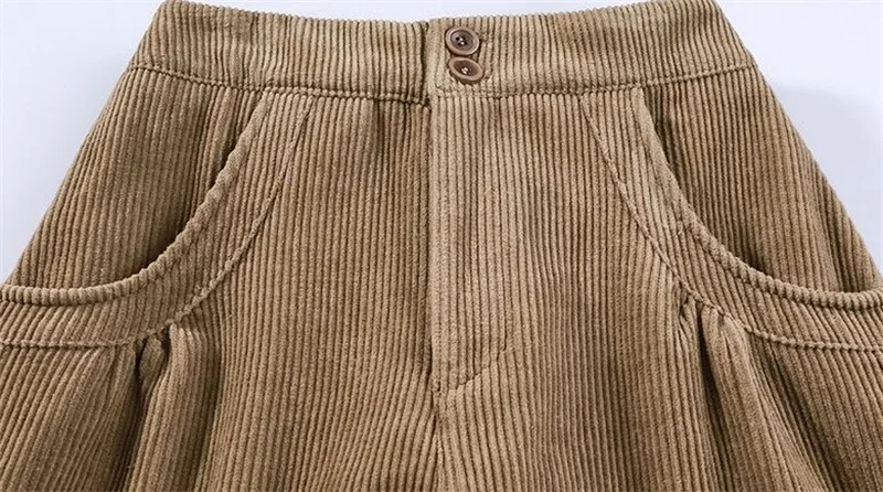 Corduroy Lantern Wide-Leg Pants Women High Waist Trousers 2025 Autumn New Corduroy Loose Pocket Khaki Black Pants Female
