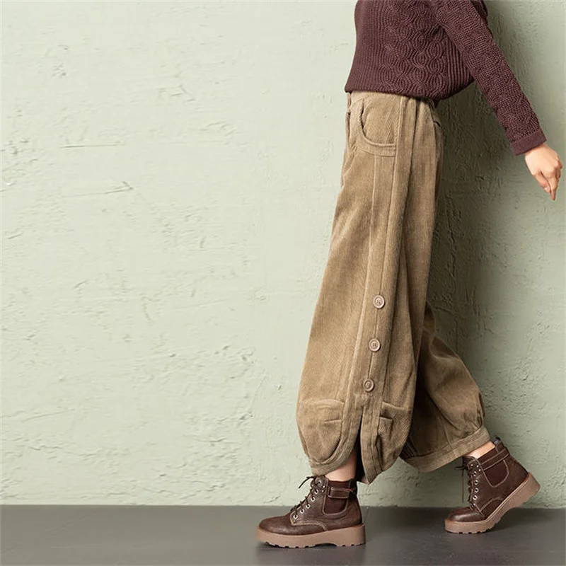 Corduroy Lantern Wide-Leg Pants Women High Waist Trousers 2025 Autumn New Corduroy Loose Pocket Khaki Black Pants Female