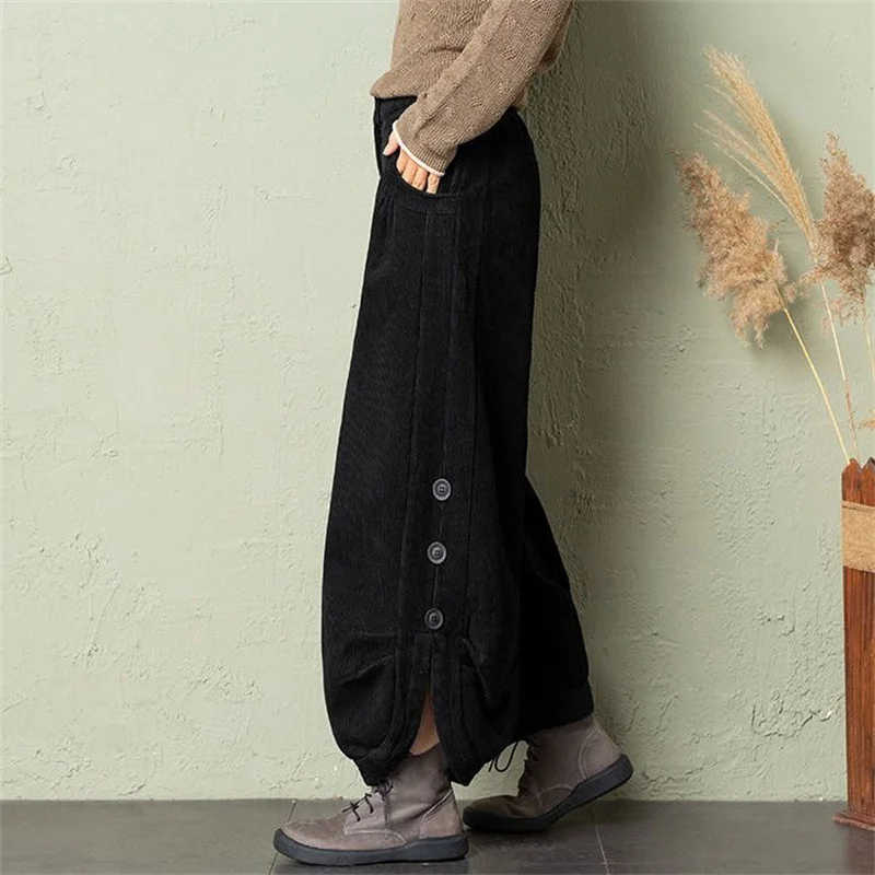 Corduroy Lantern Wide-Leg Pants Women High Waist Trousers 2025 Autumn New Corduroy Loose Pocket Khaki Black Pants Female