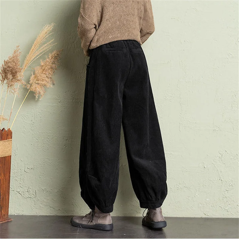 Corduroy Lantern Wide-Leg Pants Women High Waist Trousers 2025 Autumn New Corduroy Loose Pocket Khaki Black Pants Female