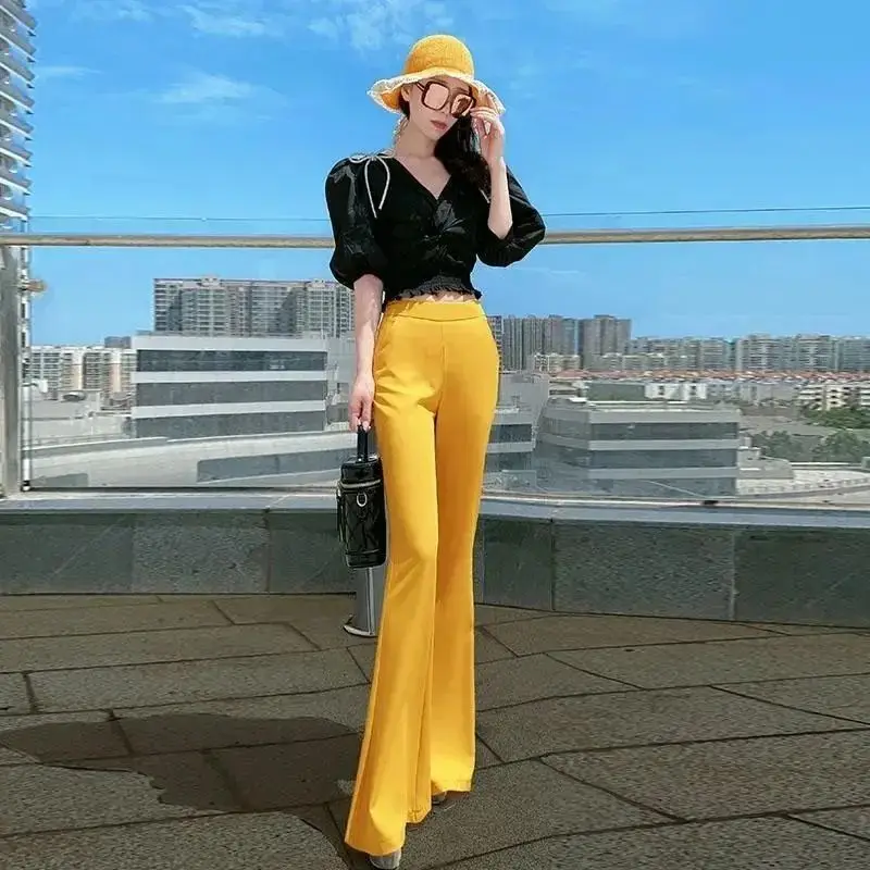 Flare Women's Pants Autumn Slacks Xxl High Quality Cotton Comfortable Stretch New in Y2k Streetwear 90s G Yellow Female Trousers