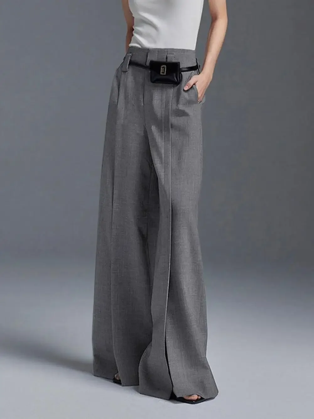 Yeezzi Urban Female Business Suit Pants 2025 New Fashion Black White Loose Straight Pant High-Waist Pleated Split-Front Trousers