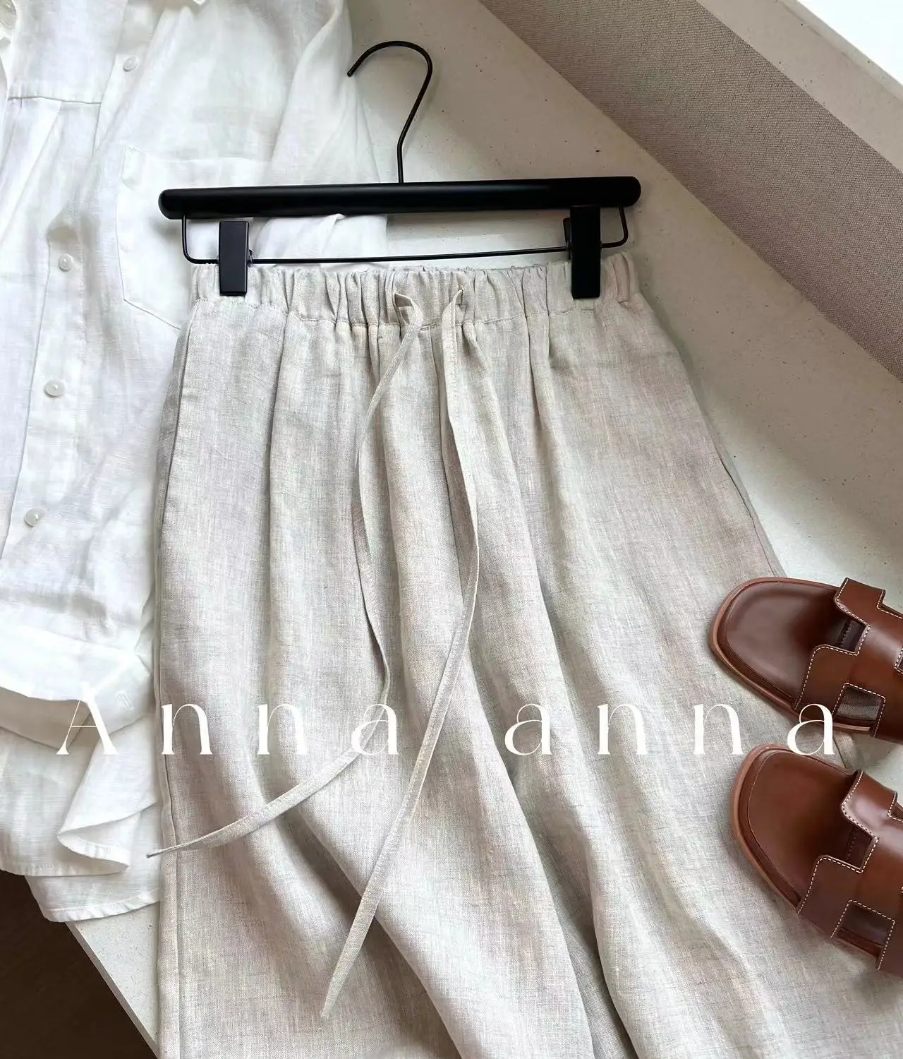Cotton Linen Straight Long Pants for Women Elastic High Waist Wide Leg Loose Sagging Trousers Female 2024