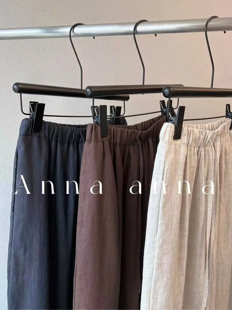 Cotton Linen Straight Long Pants for Women Elastic High Waist Wide Leg Loose Sagging Trousers Female 2024