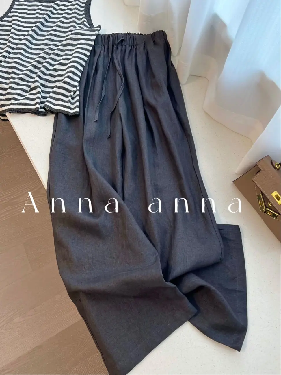 Cotton Linen Straight Long Pants for Women Elastic High Waist Wide Leg Loose Sagging Trousers Female 2024