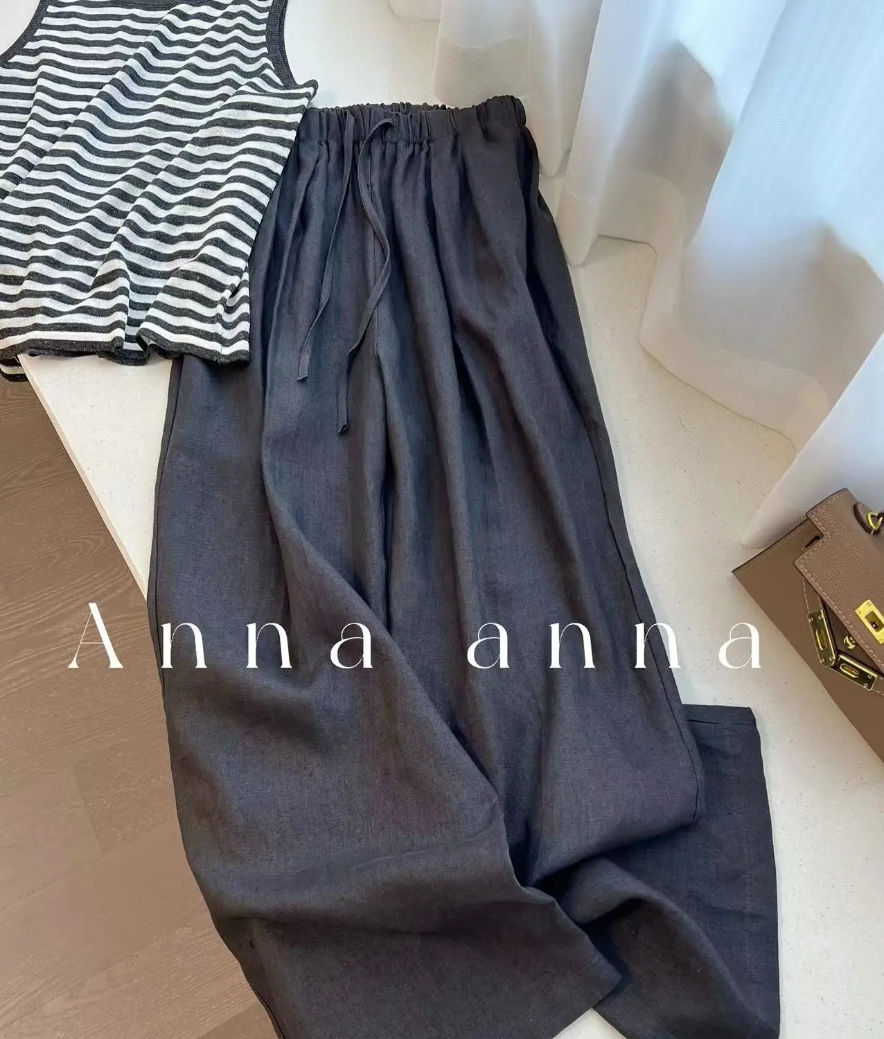 Cotton Linen Straight Long Pants for Women Elastic High Waist Wide Leg Loose Sagging Trousers Female 2024