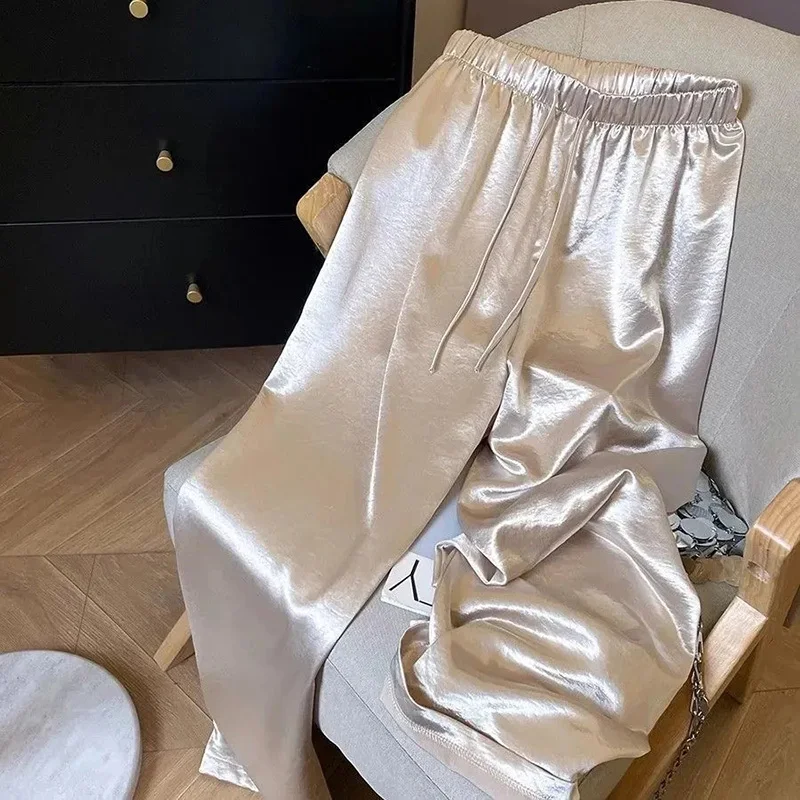 Chic Satin Wide Leg Pant Women High Waist Sweet Fashion Elegant Trousers Summer Loose Korean Casual Female Soft Lace Up Pants