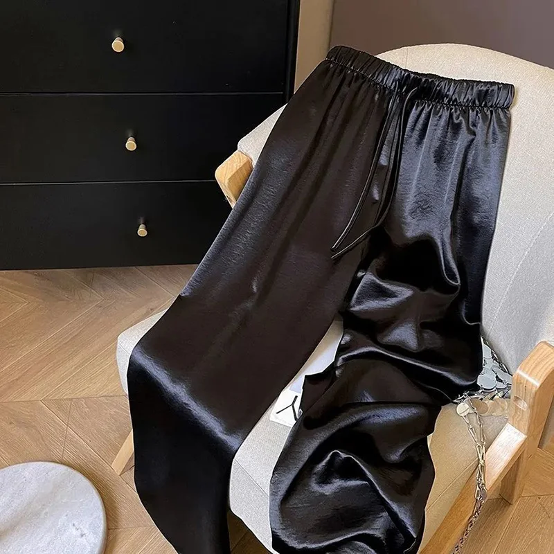 Chic Satin Wide Leg Pant Women High Waist Sweet Fashion Elegant Trousers Summer Loose Korean Casual Female Soft Lace Up Pants