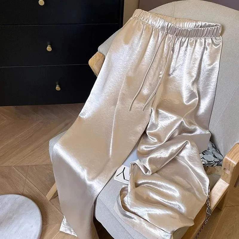 Chic Satin Wide Leg Pant Women High Waist Sweet Fashion Elegant Trousers Summer Loose Korean Casual Female Soft Lace Up Pants