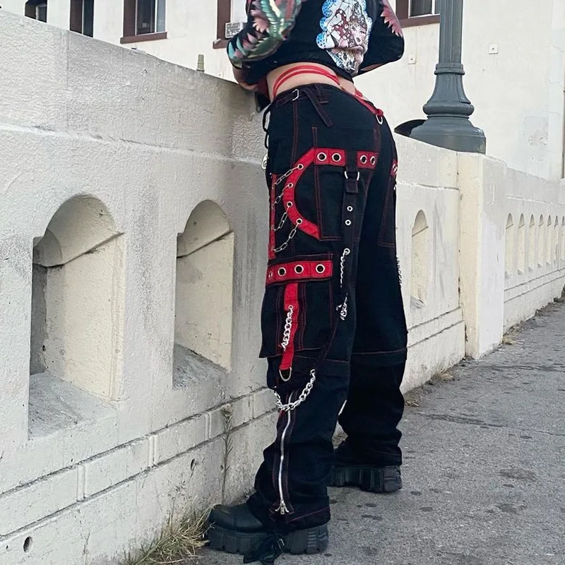 Cyber Punk Unisex Cargo Wide Leg Pants Chain Bandage Ruched Tie Capris Pants Women Gothic Baggy Trousers BF Hippie Grunge Jogger