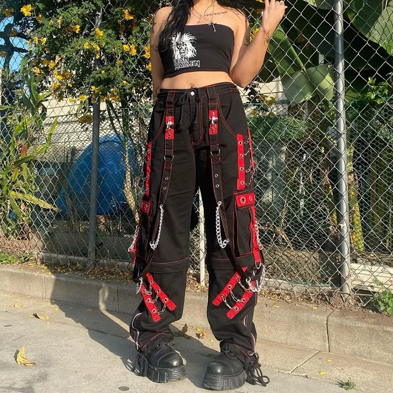 Cyber Punk Unisex Cargo Wide Leg Pants Chain Bandage Ruched Tie Capris Pants Women Gothic Baggy Trousers BF Hippie Grunge Jogger