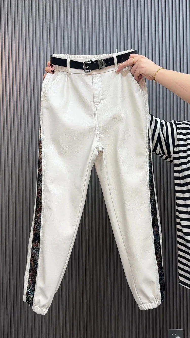 High waist leather pants for women autumn winter loose slim Chinese style spliced straight leg leg Pu leather casual pants